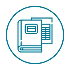 Book and paper icon in circle